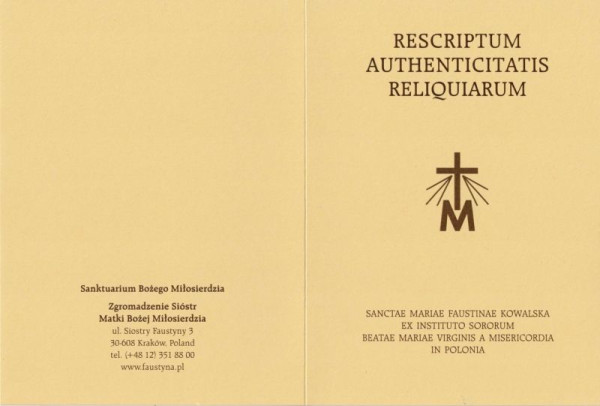  Certyfikat autentyczności relikwii - awers 